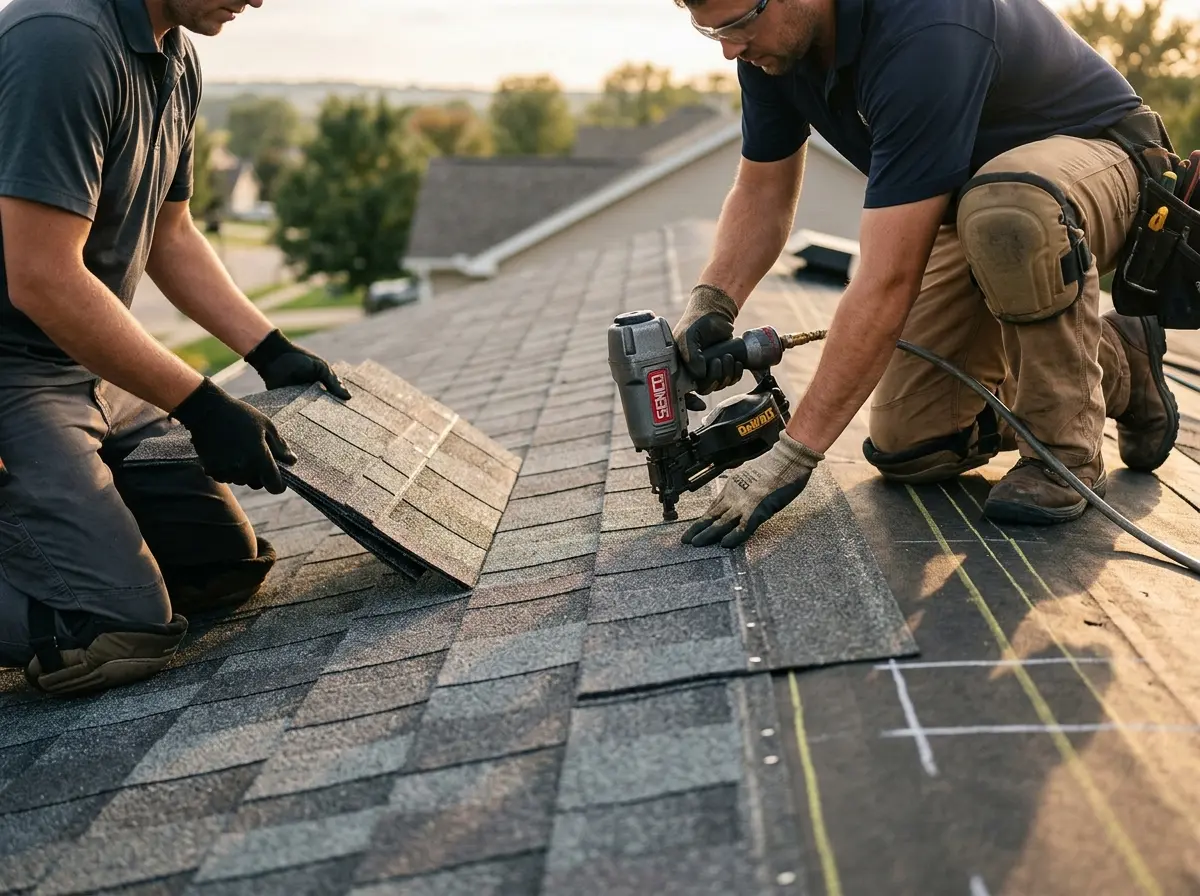 Professional roofer working on a residential roof in Mexico